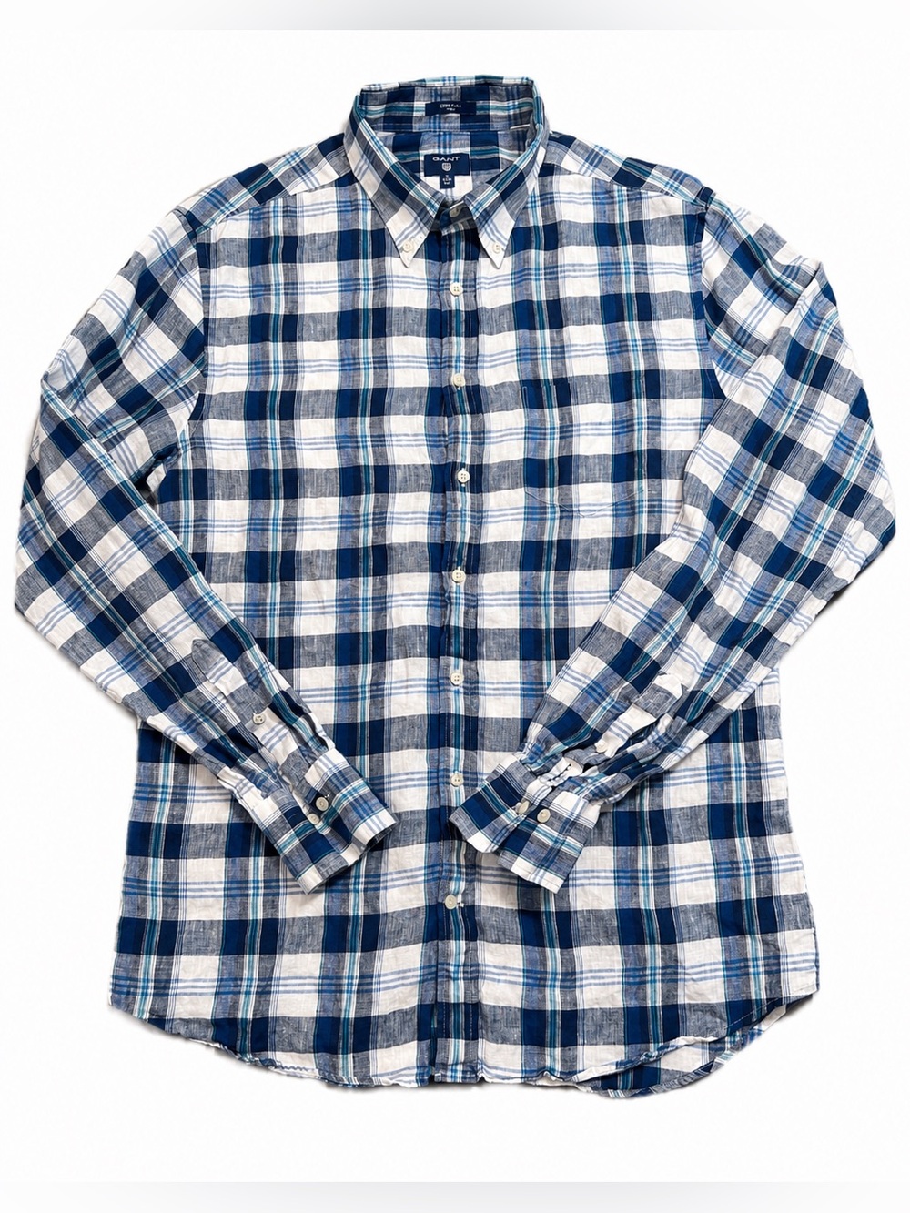 GANT Men’s XL Linen Plaid Button Down Shirt Blue White Fitted Long Sleeve